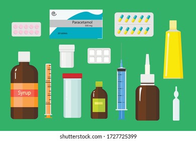 Pharmacy, medicine, hospital set of drugs with labels. Medication, pharmaceutics concept.Pills, drops, sterile syringe, syrup and capsules Vector illustration.