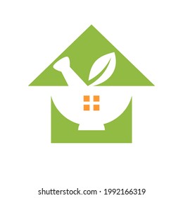 logo de la casa de farmacia yurveda mortar bowl y símbolo de la casa