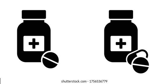 Pharmacy medicine icon Flat vector drugs pill signs drugstore icons Capsule bottle pictogram Pharmacology drugstore Health care Sickness tablet medical virus or vitamin Medicines bottle pills tablets