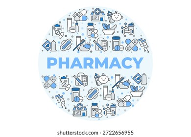 Apotheke Medizin Symbol Vorlage. Die Vektorgrafik zeigt Pillen, verschreibungspflichtige Flaschen, medizinisches Kreuz, blaue Symbole in der Apotheke, als Symbol für Gesundheit, pharmazeutische Behandlung und klinisches Konzept.