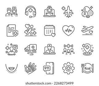 Pharmacy medicine line icons. Telemedicine doctor, Heartbeat pulse and Medical pill set. Kcal menu, Nurse care and Plastic surgery line icons. Hand veins, medicine pharmacy pill and drug. Vector