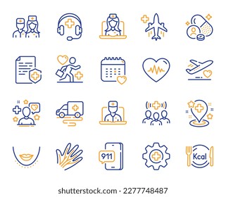 Pharmacy medicine line icons. Telemedicine doctor, Heartbeat pulse and Medical pill set. Kcal menu, Nurse care and Plastic surgery line icons. Hand veins, medicine pharmacy pill and drug. Vector