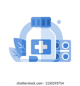 Pharmacy And Medicine, Medical Drugs, Antibiotics Capsule, Painkiller Pills, Bottle And Tablet Bar, Preventive Medicament, Medication Therapy, Health Care Services, Vector Icon, Flat Illustration