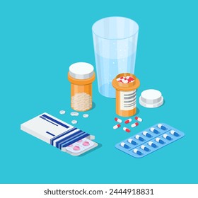 pharmacy medicine pills bottle,glass of water. Healthcare concept. Different medicaments. Web banner landing page. 3d isometric design. Vector illustration in flat style