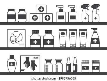 Pharmacy medicine vector shelf, showcase drugstore, black bottles, cartoon boxes pills and containers drug, packaging medication isolated on white background. Health illustration