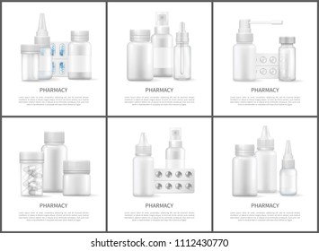Pharmacy and medicines means bright vector posters isolated on white background, tablets with different pills, health care facilities, text sample
