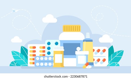 Pharmacy, medicines. Pills, capsules blisters, glass bottles with liquid medicine and plastic tubes. Ointment, cream. Various meds. Drug medication end supplements collection. Vector illustration