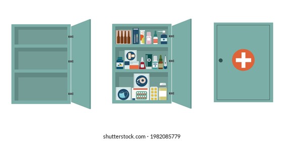 Pharmacy metal cabinet with shelves full of medicines. Tablets, spray, mask, syringe, thermometer, antiseptic. Vector illustration in a flat style on a white background.