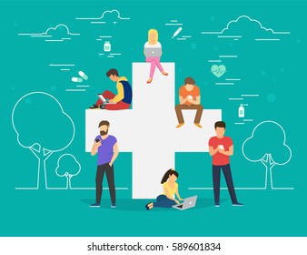 Pharmacy mobile app concept. Flat illustration of young men and women near big cross symbol and using smart phones for ordering and purchase pills and medicine drugs via mobile app and internet