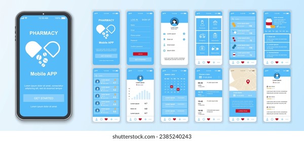 Equipo de plantilla de pantallas de interfaz de aplicación móvil de farmacia. Cuenta en línea, encontrar médico, emergencias, citas, pedidos de medicinas. Paquete de interfaz de usuario, UX, kit de interfaz de usuario para diseño web de aplicaciones. Diseño de vectores.