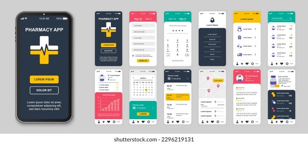 Pharmacy mobile app screens set for web templates. Pack of login, online diagnostic, prescription, ordering drugs, tracking and other mockups. UI, UX, GUI user interface kit for layouts. Vector design