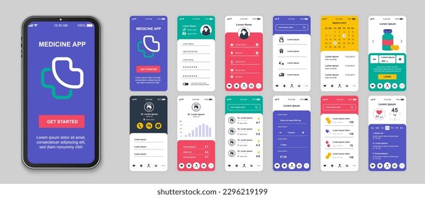 Pharmacy mobile app screens set for web templates. Pack of login, medicine service, online diagnostic, medical prescription and other mockups. UI, UX, GUI user interface kit for layouts. Vector design