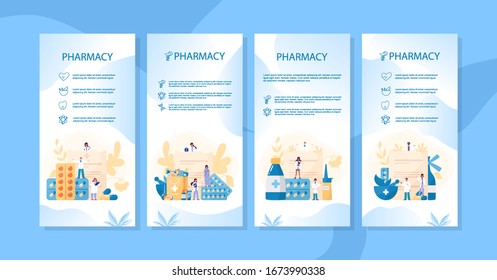 Pharmacy mobile application banner set. Medicine pill for disease treatment and prescription form. Medicine and healthcare. Drugstore booklet. Isolated vector illustration