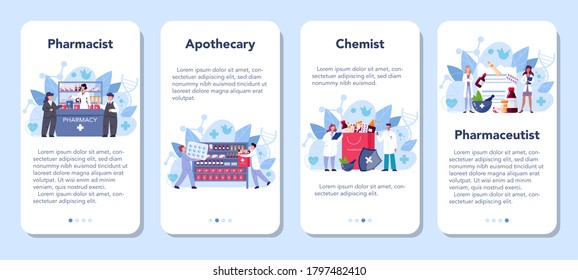 Pharmacy mobile application banner set. Pharmacist holding a bag with pharmacy drug in bottle and box for disease treatment. Healthcare and medical treatment concept. Isolated vector illustration