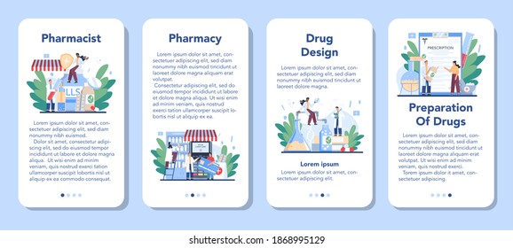 Pharmacy mobile application banner set. Pharmacist selling drugs in bottle and box for disease treatment. Healthcare and medical treatment concept. Isolated vector illustration