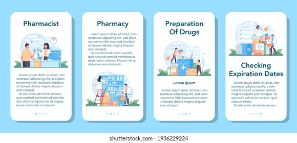 Pharmacy mobile application banner set. Pharmacist preparing