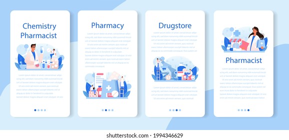 Pharmacy mobile application banner set. Pharmacist preparing and selling drugs in bottle and box for disease treatment. Healthcare and medical treatment concept. Isolated vector illustration