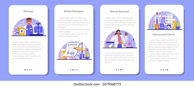 Pharmacy mobile application banner set. Pharmacist selling drugs in bottle and box for disease treatment. Healthcare and medical treatment concept. Isolated vector illustration