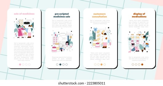 Pharmacy mobile application banner set. Pharmacist preparing and selling drugs for diseases treatment. Healthcare and medical treatment consultation. Flat vector illustration