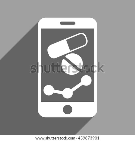 Pharmacy Mobile Chart long shadow vector icon. Style is a flat pharmacy mobile chart white iconic symbol on a gray square background.
