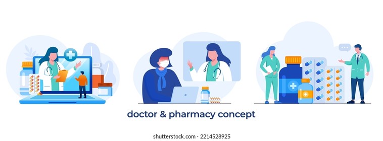Pharmacy with mobile phone easy order and virtual consultation with doctor. flat vector illustration fit for flyer, banner and landing page