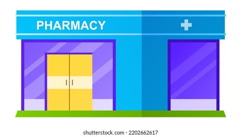 Pharmacy - modern flat design style single isolated image. Neat detailed illustration of drug store. Urban architecture, glass building, entrance through the door, health care for citizens idea