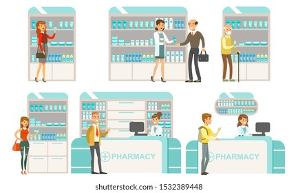 Pharmacy Modern Interior with Pharmacist and Shelves with Medicines, People Buying Medications at Drugstore Flat Vector Illustration