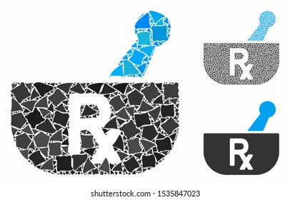 Pharmacy mortar mosaic of unequal items in various sizes and color tones, based on pharmacy mortar icon. Vector joggly items are composed into collage.
