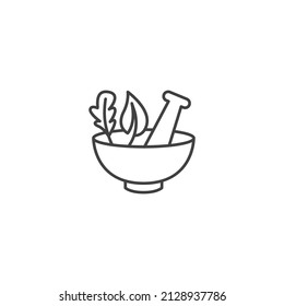 Pharmacy, mortar pestle with herb, leaf. Vector outline icon template