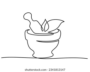 Pharmacy mortar and pestle with herbs. Continuous one line drawing. Line art vector illustration.