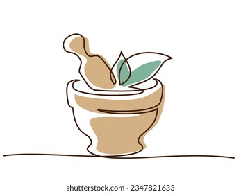 Pharmacy mortar and pestle with herbs. Continuous one line drawing. Line art vector illustration. Colored single line art