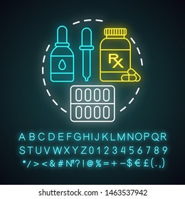 Pharmacy neon light concept icon. Pharmacological products. Medicine, drugs in tablets, drops, capsules. Drugstore idea. Glowing sign with alphabet, numbers and symbols. Vector isolated illustration