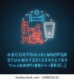 Pharmacy neon light concept icon. Hospice patient medication treatment idea. Senior, disabled people healthcare and pain relief. Glowing sign with alphabet, numbers and symbols. Vector isolated
