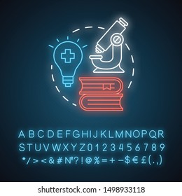 Pharmacy neon light concept icon. Pharmaceutical research idea. New drugs, treatment methods discovery. Glowing sign with alphabet, numbers and symbols. Vector isolated illustration