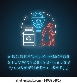 Pharmacy neon light concept icon. Geriatric patient treatment idea. Elderly, senior diseases medication. Glowing sign with alphabet, numbers and symbols. Vector isolated illustration