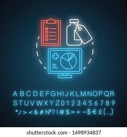 Pharmacy neon light concept icon. Regulatory pharmacology idea. Medicine effectiveness and safety tests. Glowing sign with alphabet, numbers and symbols. Vector isolated illustration
