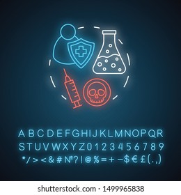 Pharmacy neon light concept icon. Poison control pharmacology branch idea. Poisonous element and antidote development. Glowing sign with alphabet, numbers and symbols. Vector isolated illustration