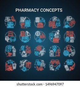 Pharmacy neon light concept icons set. Online medicine consultation idea. Scheduled medication and prescription drugs. Glowing sign with alphabet, numbers and symbols. Vector isolated illustration