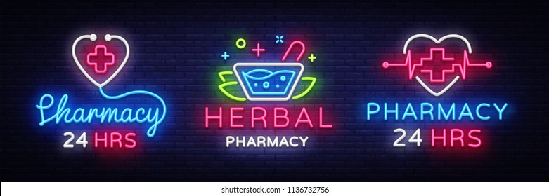 Pharmacy neon sign collection vector. Herbal Pharmacy Design template neon sign, light banner, neon signboard, nightly bright advertising, light inscription. Vector Illustration