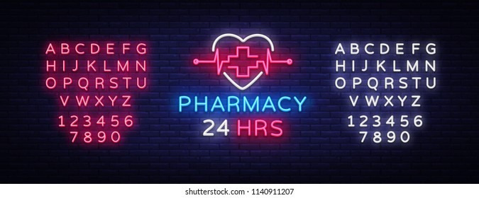 Pharmacy neon sign vector. Pharmacy 24 hours Design template neon sign, light banner, neon signboard, nightly bright advertising, light inscription. Vector Illustration. Editing text neon sign