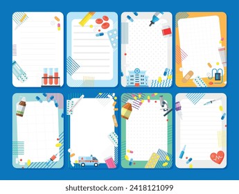 Pharmacy notebook paper sheet for reminder with copy space design template set vector illustration. Doctor prescription list for notes with drugs medical cure treatment blood microscope analyzing