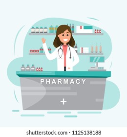 pharmacy with nurse in counter. drugstore cartoon character design vector illustration 