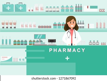 pharmacy with nurse in counter. drugstore cartoon character design vector illustration