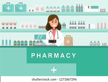 Pharmacy With Nurse In Counter. Drugstore Cartoon Character Design Vector Illustration