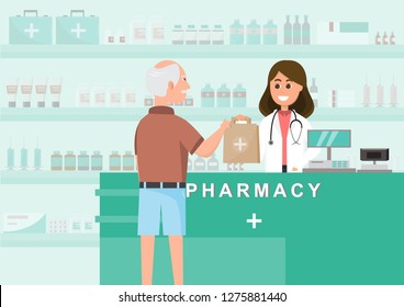 pharmacy with nurse in counter. drugstore cartoon character design vector illustration