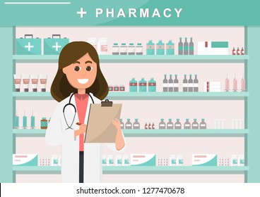 pharmacy with nurse in counter. drugstore cartoon character design vector illustration