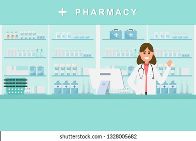 pharmacy with nurse in counter. drugstore cartoon character design vector illustration