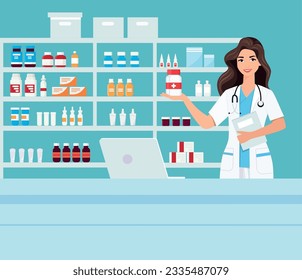 farmacia con enfermera en ventanilla. ilustración vectorial del personaje de dibujos animados de farmacia