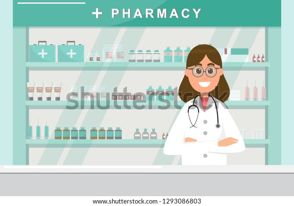 Pharmacy Nurse Counter Drugstore Cartoon Character Stock Vector ...