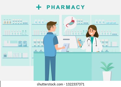 Pharmacy With Nurse In Counter And Man Buy Medicine. Drugstore Cartoon Character Design Vector Illustration